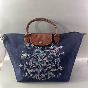 Authentic Longchamp Le Pliage Embroidered Tote Bag in Navy Blue
